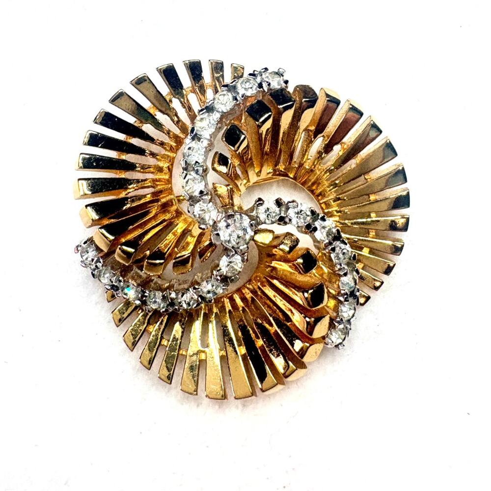 Mid‑Century JOMAZ Gold‑Tone Architectural Medallion Brooch with Crystal Crescent
